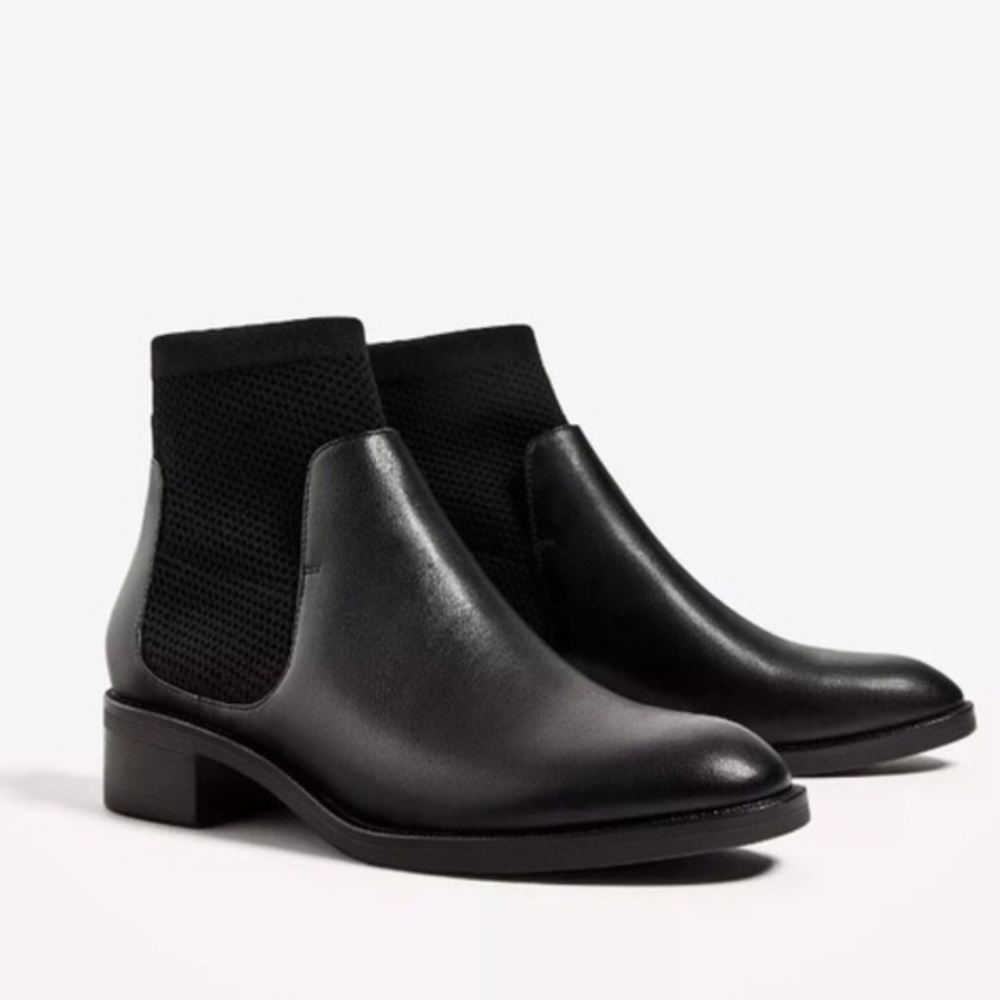 New Zara black Leather Chelsea Sock Ankle Boots 38